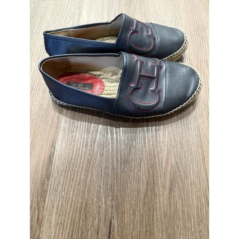 Carolina Herrera CH Initial Embossed Navy Glove Leather Espadrilles Flats Sz. 38